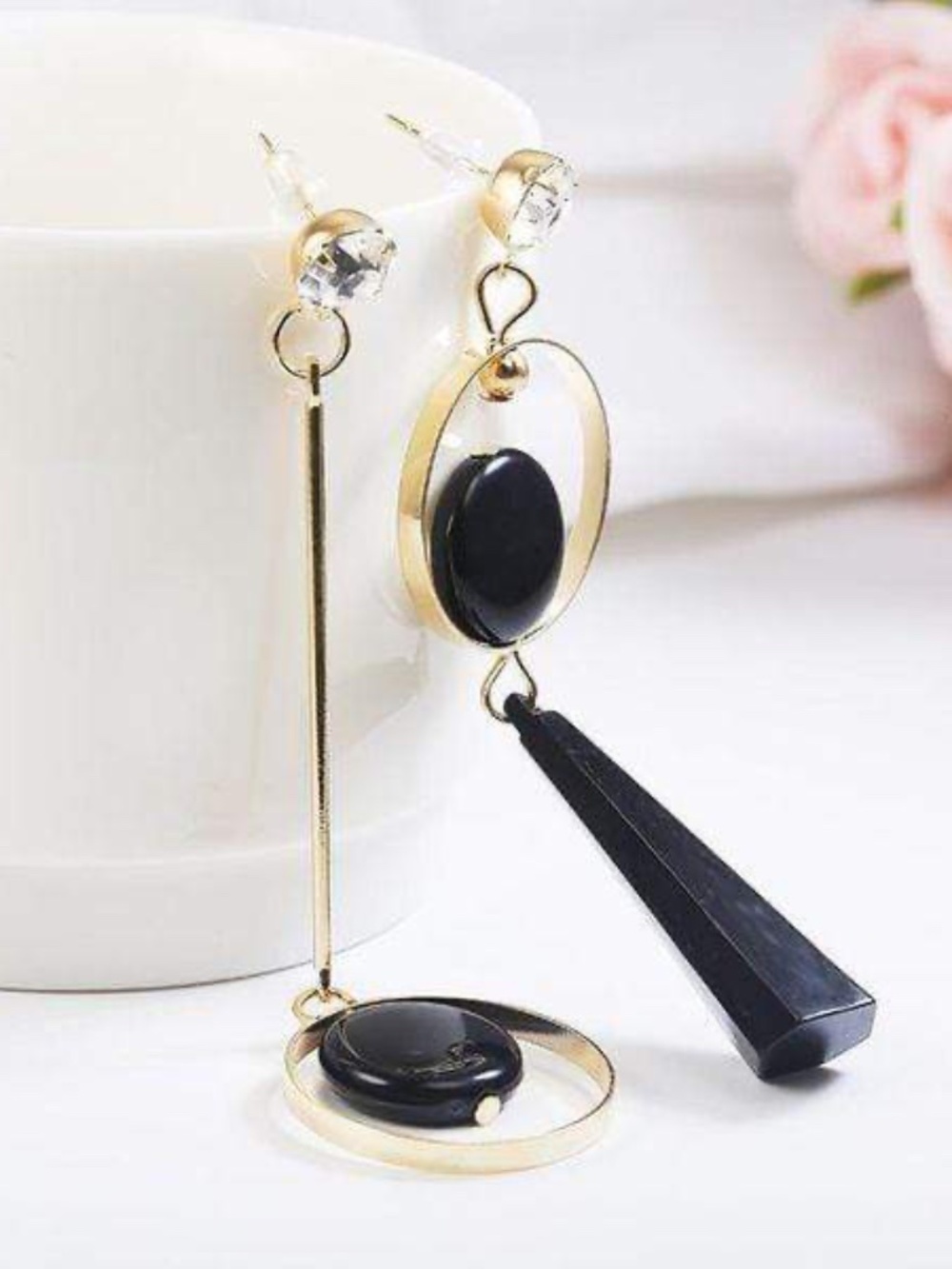 Womens Gold Asymmetric Earrings with Black Accent